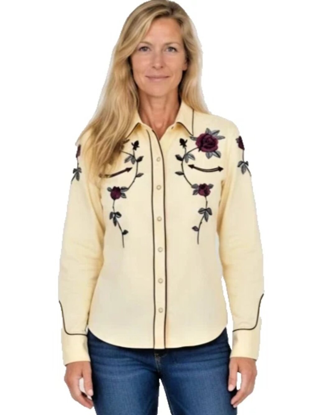 Panhandle Slim Piped Embroidered Pearl Snap Western Shirt Pastel Yellow w Roses